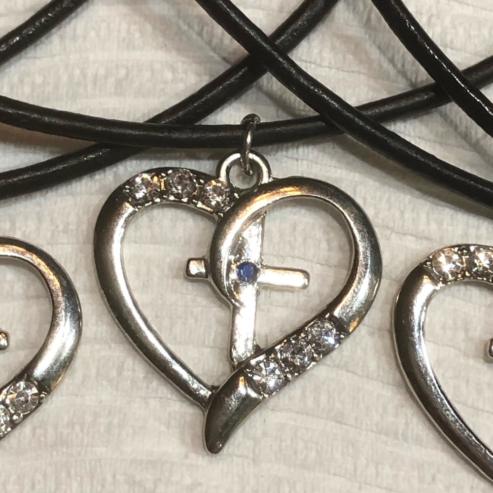Heart Cross Crystal Birthstone Silver on Leather